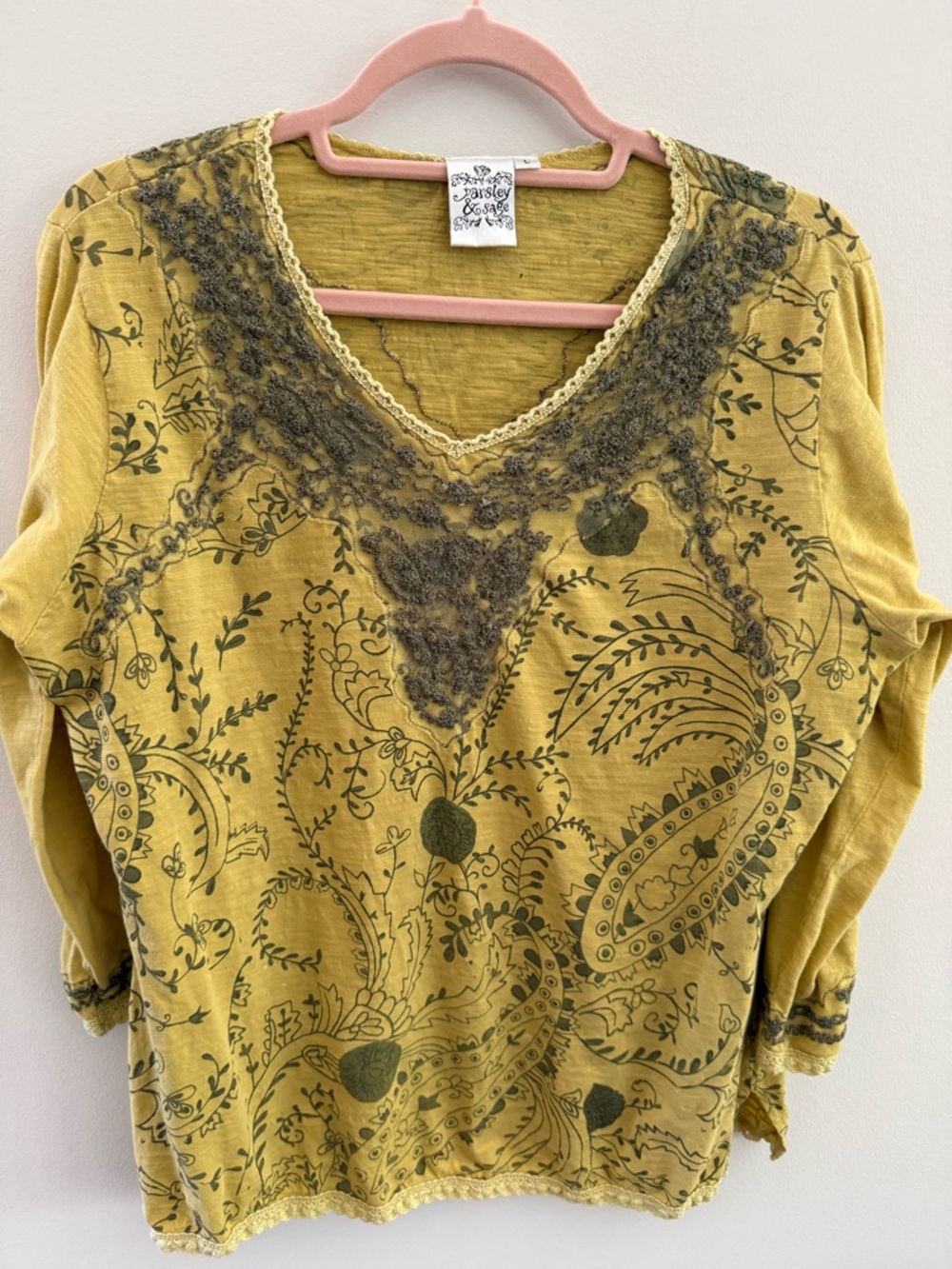 Parsley & Sage Mustard and Olive Paisley Embroidered-Trim V-Neck Tunic